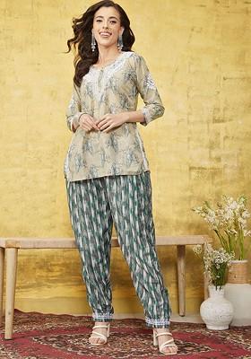 Khaki Printed Poly Blend Co Ord Set