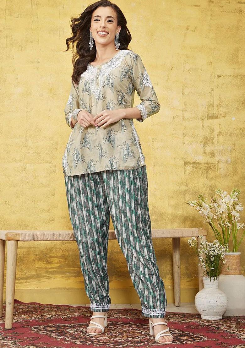 Khaki Printed Poly Blend Co Ord Set - Indya