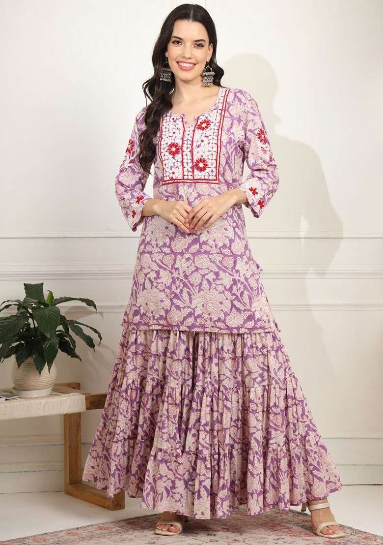 Lavender Printed Cotton Co Ord Set - Indya