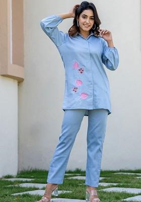 Blue Printed Poly Blend Co Ord Set