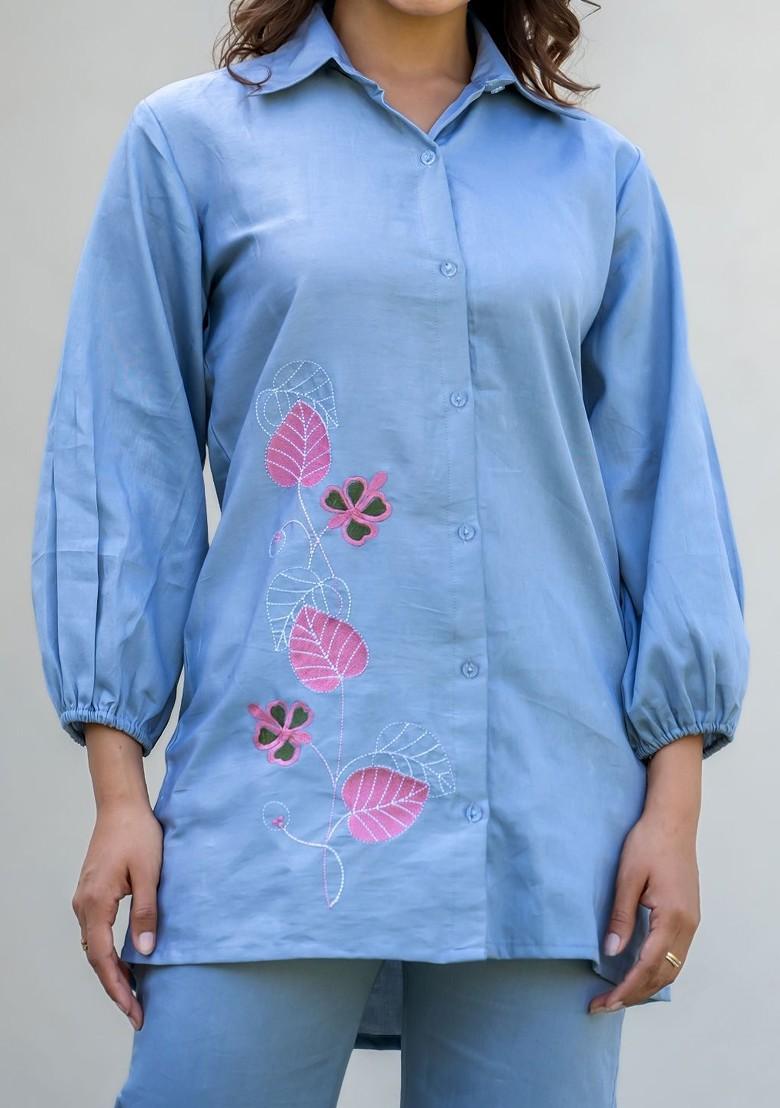 Blue Printed Poly Blend Co Ord Set - Indya