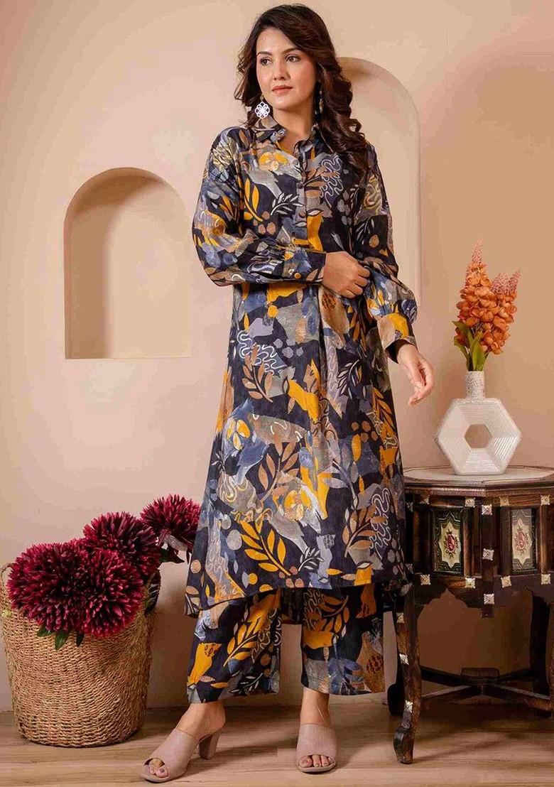 Blue Printed Poly Blend Co Ord Set - Indya