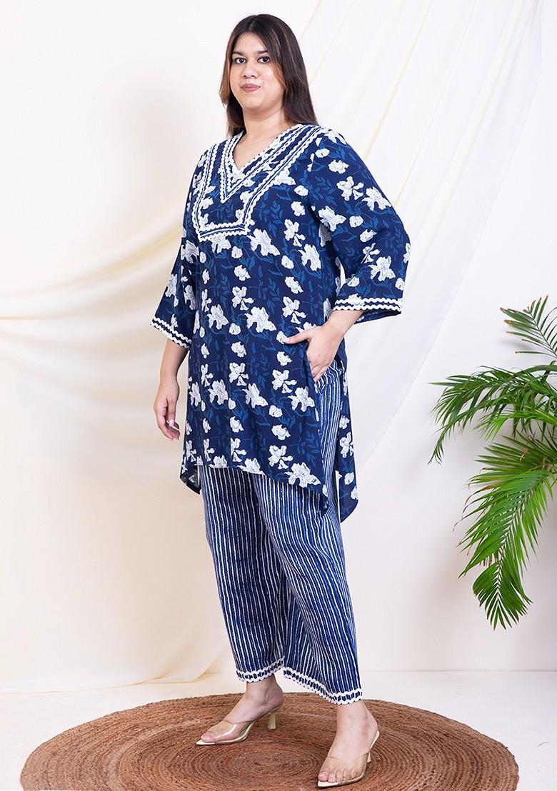 Blue Printed Poly Blend Co Ord Set - Indya