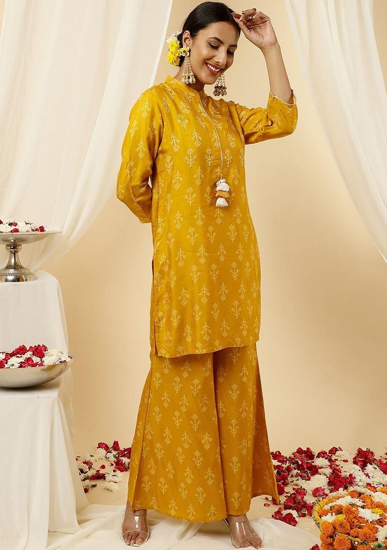 Mustard Yellow Printed Poly Blend Co Ord Set - Indya