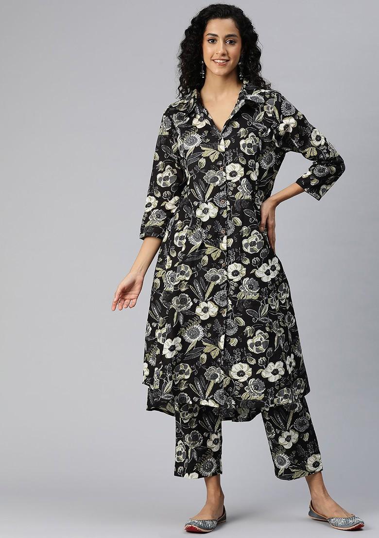 Black Printed Cotton Co Ord Set - Indya