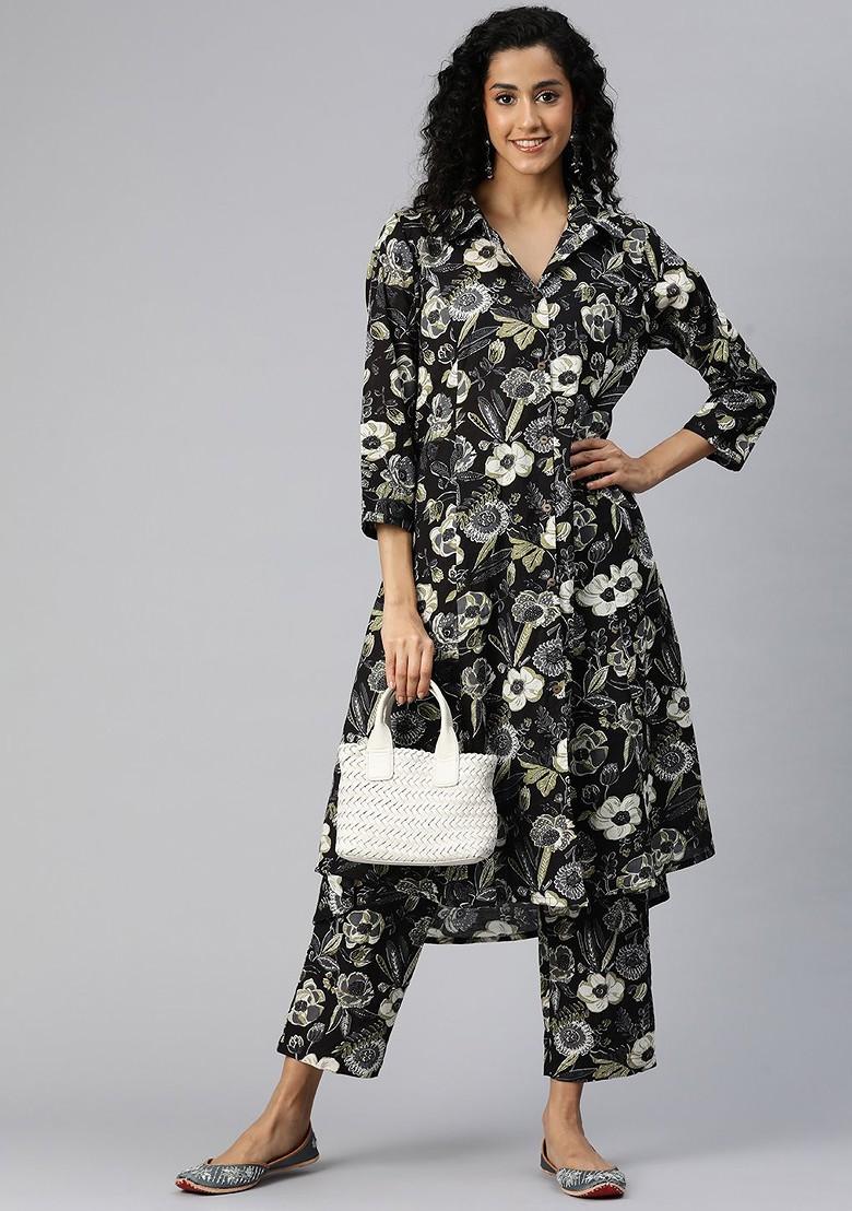 Black Printed Cotton Co Ord Set - Indya