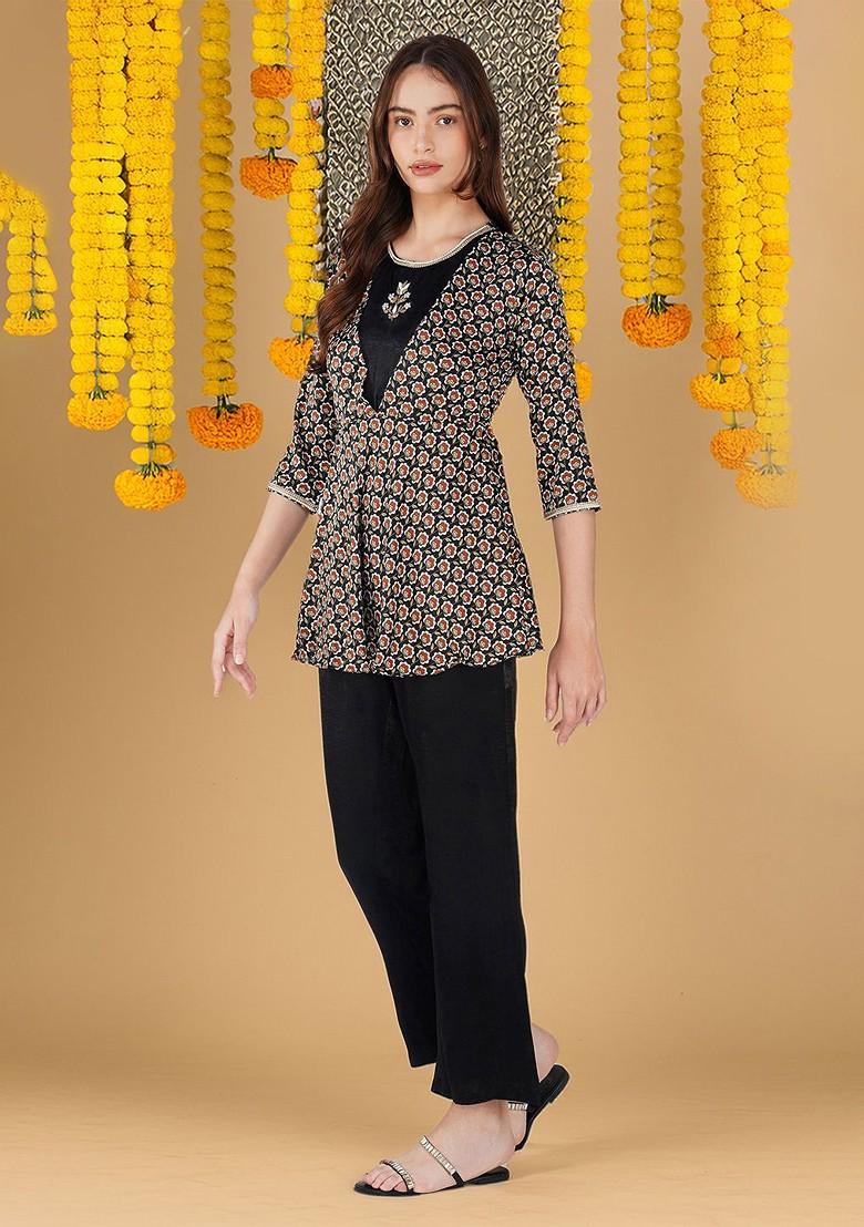 Black Printed Poly Blend Co Ord Set - Indya