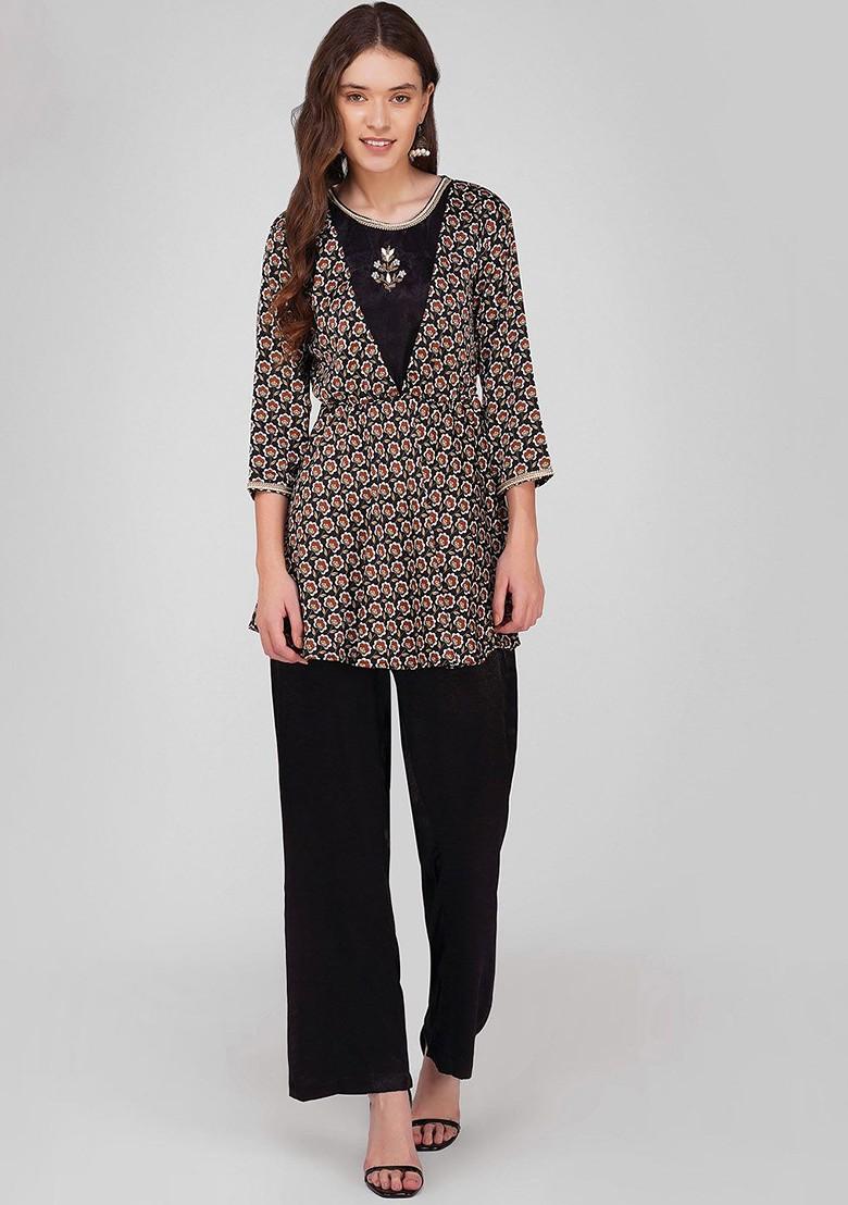 Black Printed Poly Blend Co Ord Set - Indya