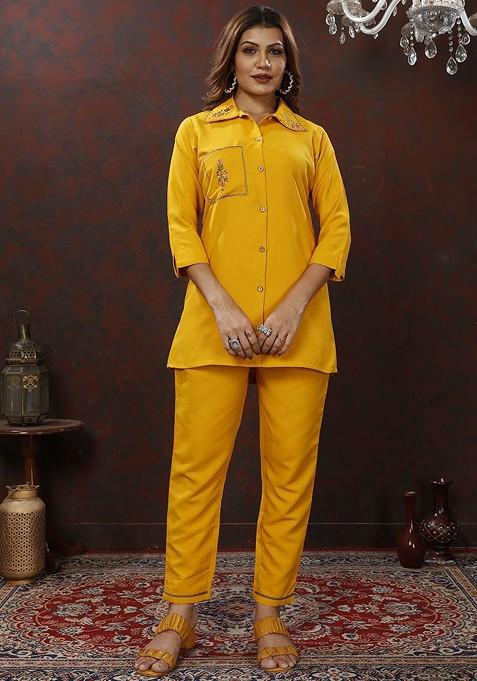 Yellow Printed Poly Blend Co Ord Set