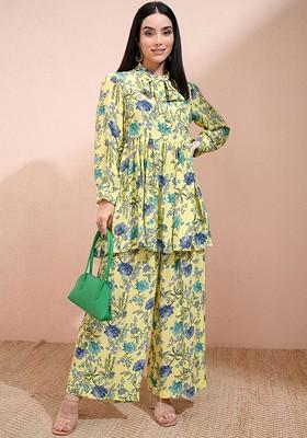 Yellow Printed Poly Blend Co Ord Set