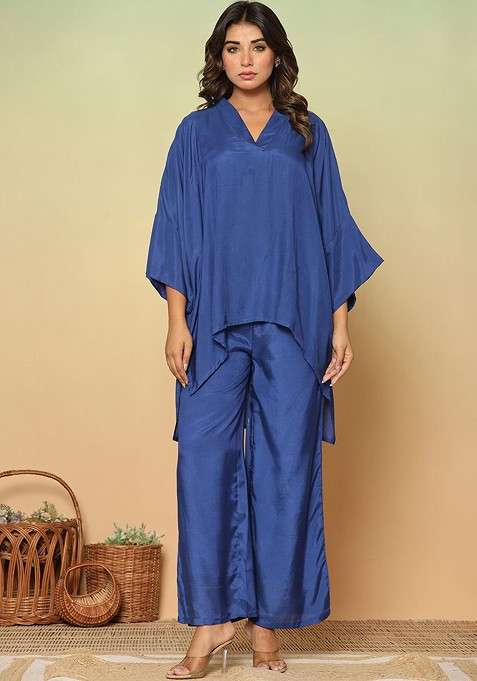 Blue Printed Poly Blend Co Ord Set