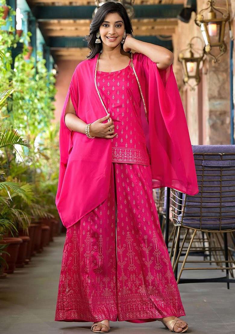 Fuchsia Printed Poly Blend Co Ord Set - Indya