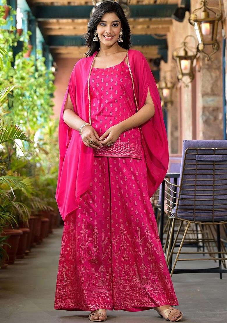 Fuchsia Printed Poly Blend Co Ord Set - Indya