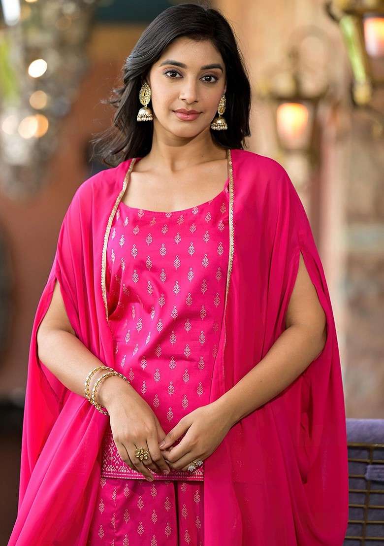 Fuchsia Printed Poly Blend Co Ord Set - Indya