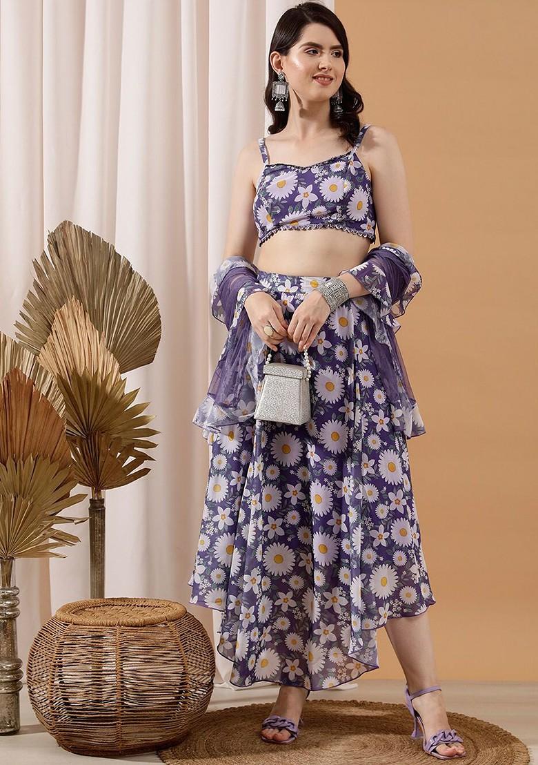 Lavender Printed Poly Blend Co Ord Set - Indya