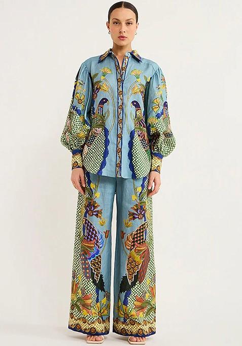 Blue Printed Poly Blend Co Ord Set