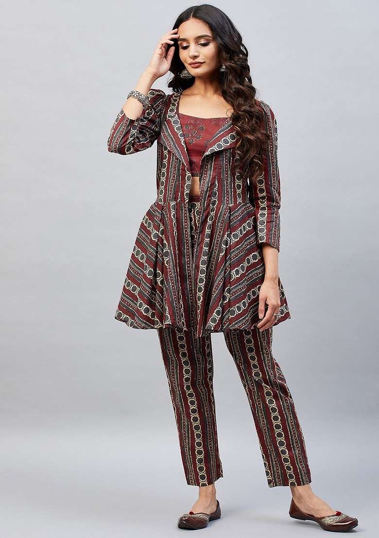 Maroon Printed Cotton Co Ord Set - Indya
