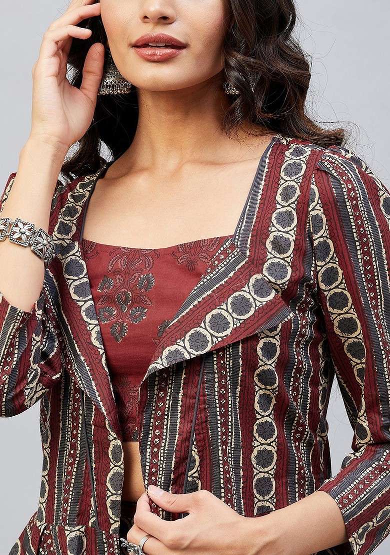 Maroon Printed Cotton Co Ord Set - Indya