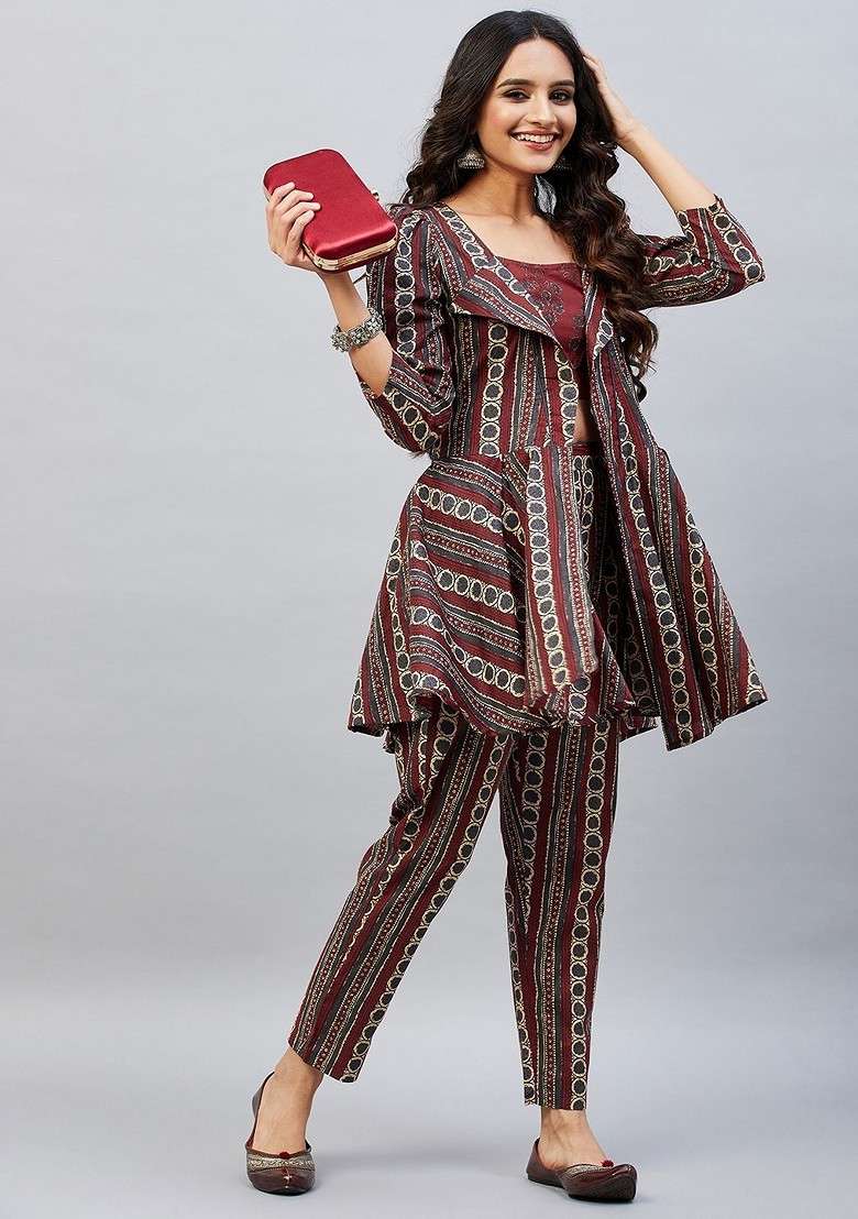Maroon Printed Cotton Co Ord Set - Indya