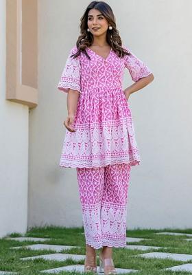 Pink Printed Cotton Co Ord Set