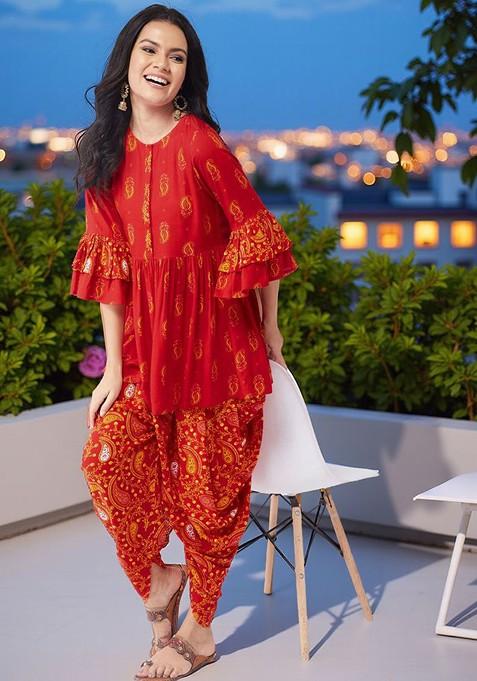 Red Printed Poly Blend Co Ord Set