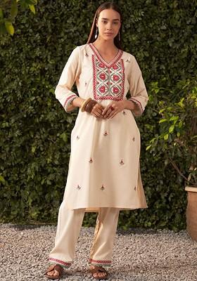 Off White Printed Poly Blend Co Ord Set