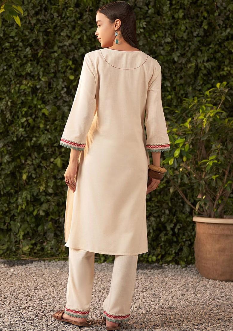 Off White Printed Poly Blend Co Ord Set - Indya