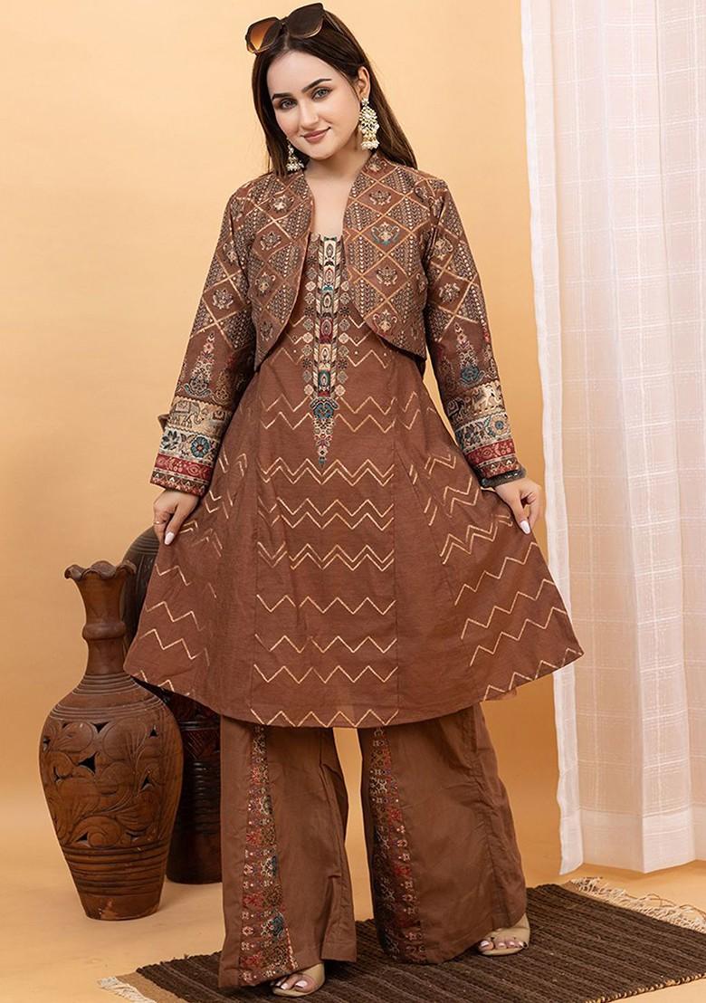Brown Printed Poly Blend Co Ord Set - Indya