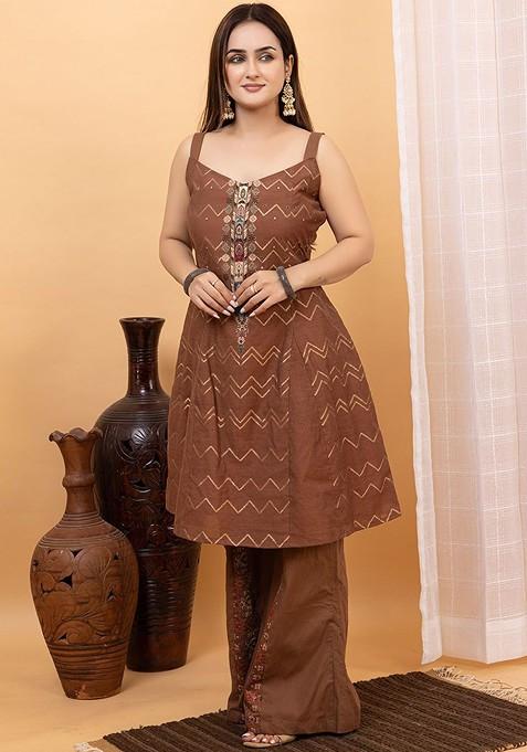 Brown Printed Poly Blend Co Ord Set