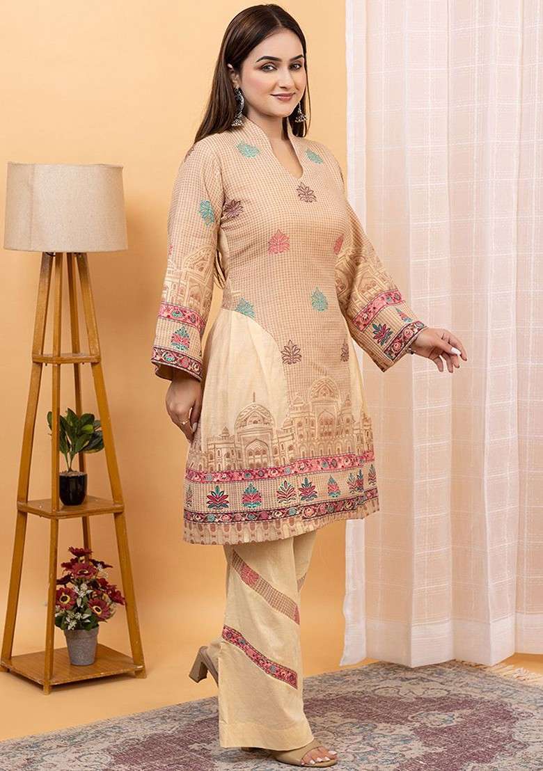 Cream Printed Poly Blend Co Ord Set - Indya