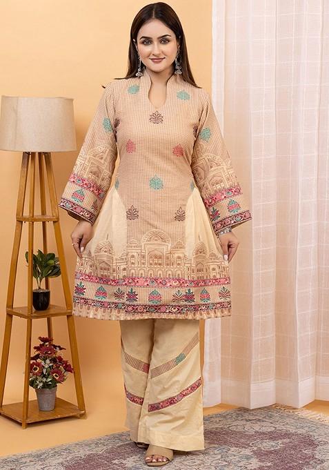 Cream Printed Poly Blend Co Ord Set