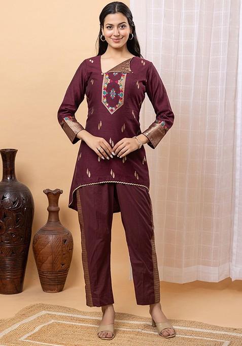 Maroon Printed Poly Blend Co Ord Set