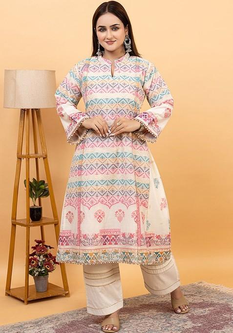 Beige Printed Poly Blend Co Ord Set