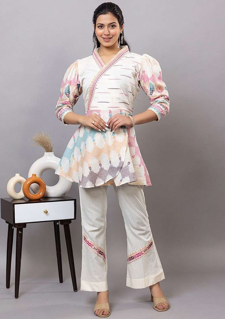 White Printed Poly Blend Co Ord Set - Indya