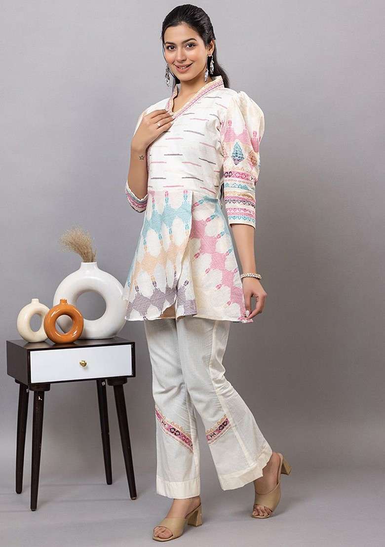 White Printed Poly Blend Co Ord Set - Indya