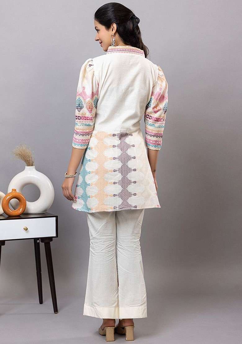 White Printed Poly Blend Co Ord Set - Indya