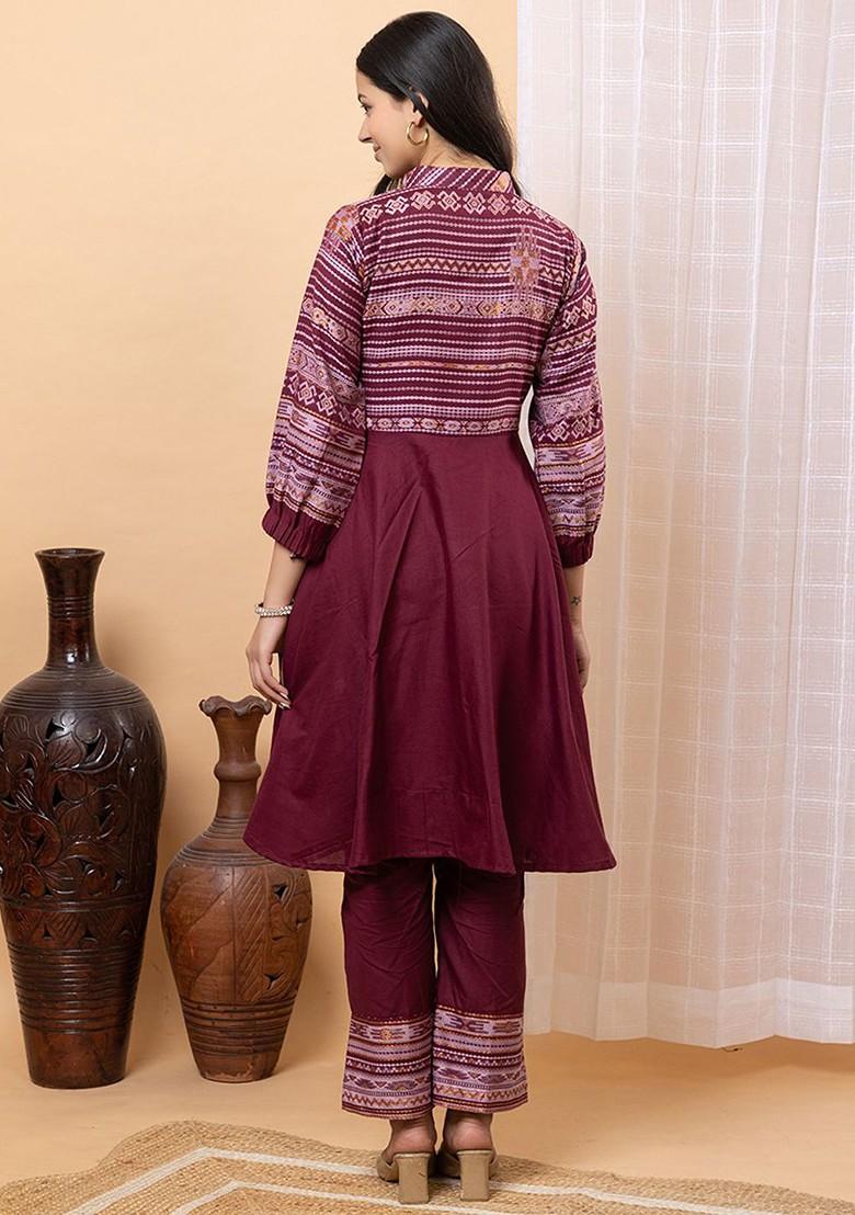 Maroon Printed Poly Blend Co Ord Set - Indya