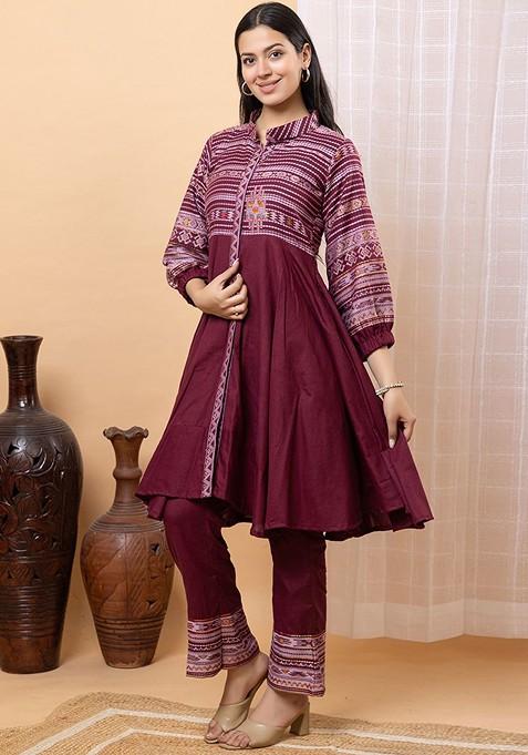Maroon Printed Poly Blend Co Ord Set