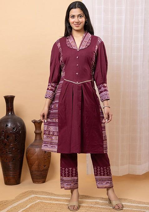 Maroon Printed Poly Blend Co Ord Set