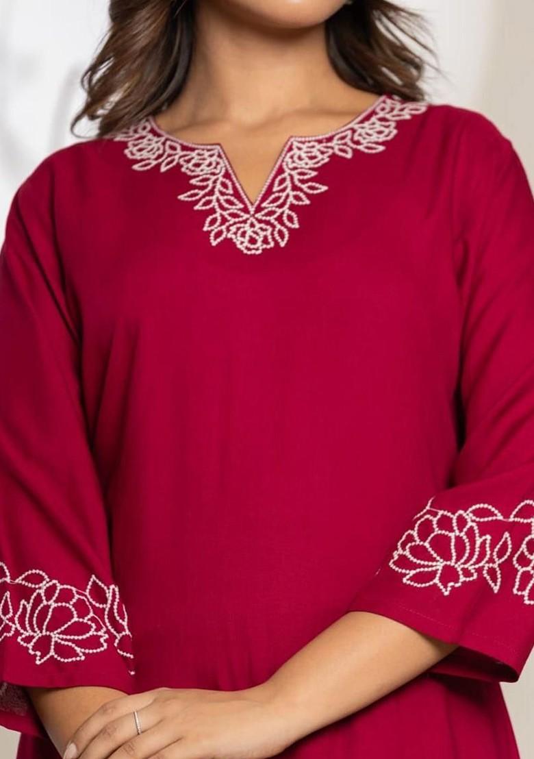 Maroon Printed Poly Blend Co Ord Set - Indya