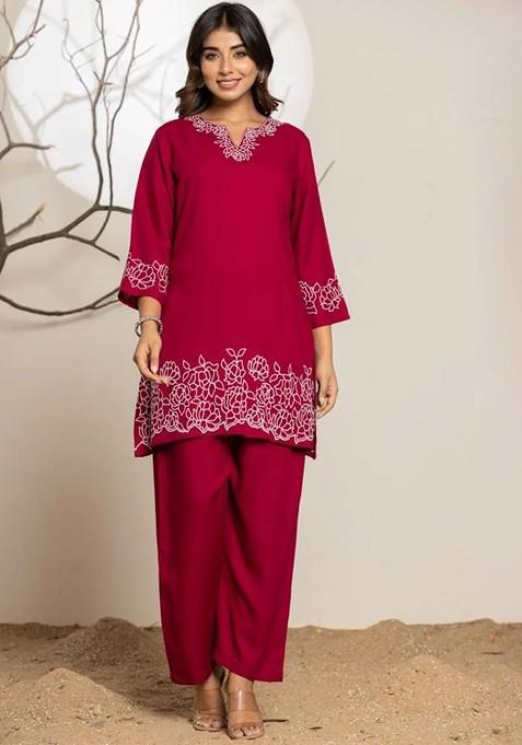 Maroon Printed Poly Blend Co Ord Set