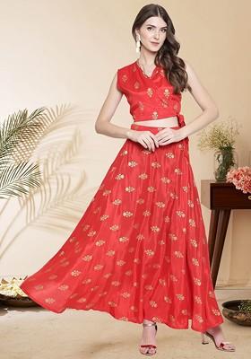 Red Printed Poly Blend Co Ord Set