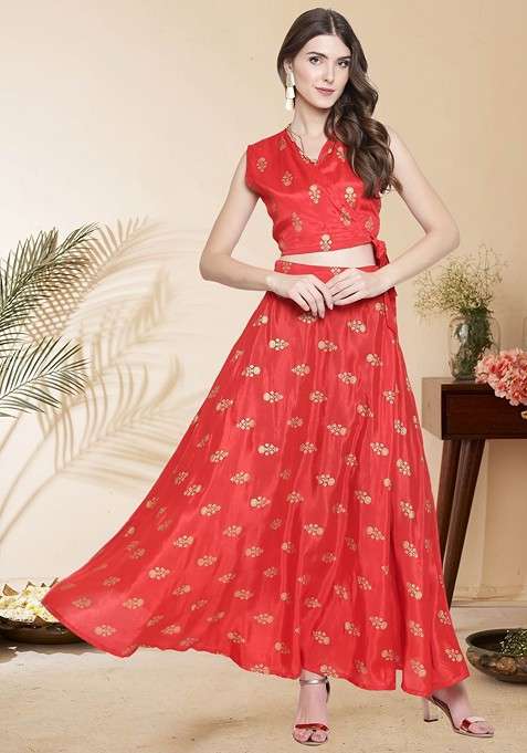 Red Printed Poly Blend Co Ord Set