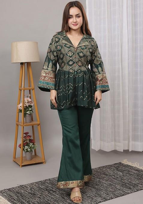 Green Printed Poly Blend Co Ord Set
