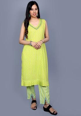 Lime Green Printed Cotton Co Ord Set
