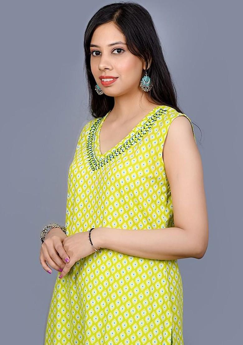Lime Green Printed Cotton Co Ord Set - Indya