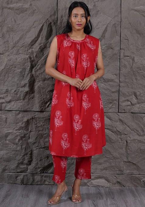 Red Printed Cotton Co Ord Set