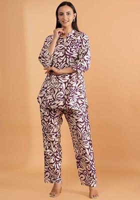 Purple Printed Poly Blend Co Ord Set