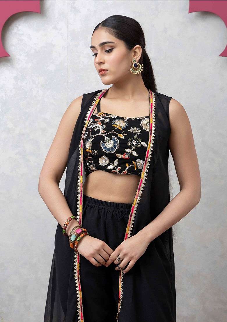 Black Printed Poly Blend Co Ord Set - Indya