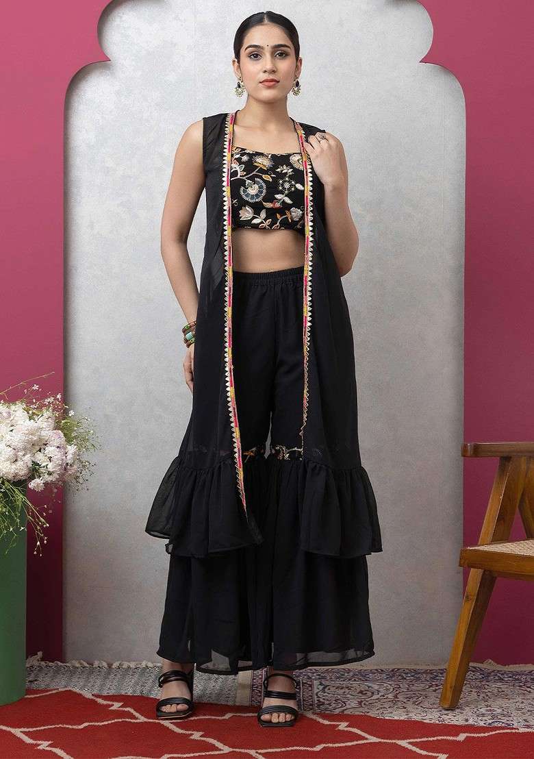 Black Printed Poly Blend Co Ord Set - Indya